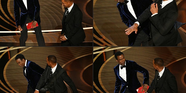 This combination of pictures created on March 28, 2022, shows Will Smith approaching Chris Rock and hitting him during the 94th Oscars at the Dolby Theatre in Hollywood, California, on March 27, 2022.