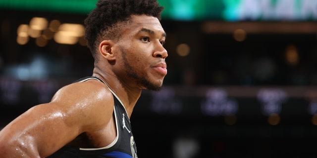 BOSTON, MA - MAY 11: Giannis Antetokounmpo #34 of the Milwaukee Bucks looks on during Game 5 of the 2022 NBA Playoffs Eastern Conference Semifinals on May 11, 2022 at the TD Garden in Boston, Massachusetts.