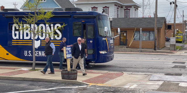 Ohio GOP Senate candidate Mike Gibbons steps out of his campaign bus before an Ottawa County Republican Women's Club event in Port Clinton, Ohio. (Tyler Olson/Fox News)