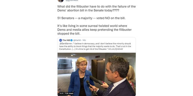 Journalist Glenn Greenwald criticized Sen. Elizabeth Warren, D-Mass., in a May 12, 2022 tweet over her claim that a minority of senators blocked passage on an abortion rights bill despite a majority of senators voting against it. (Screenshot/Twitter)
