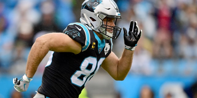 Greg Olsen #88 of the Carolina Panthers during the first half during their game against the New Orleans Saints at Bank of America Stadium on December 29, 2019 in Charlotte, North Carolina.