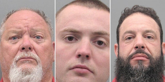 This Henderson Detention Center combination photo, shows suspects from left, Richard John Devries, Russell Smith, center, and Stephen Alo, right, following their arrest and booking on Monday, May 30, 2022, on felony attempted murder, battery and weapon charges in a shooting on a Las Vegas-area freeway. 