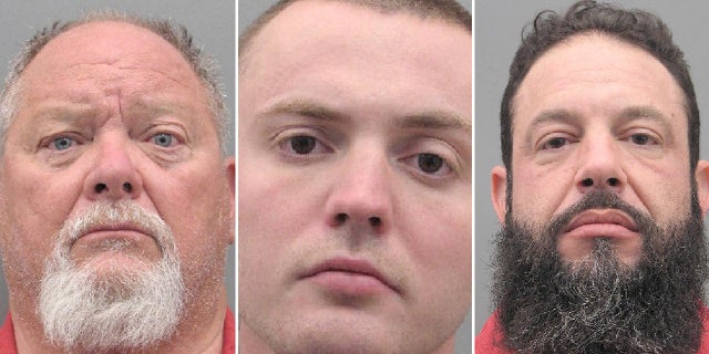 This Henderson Detention Center combination photo, shows suspects from left, Richard John Devries, Russell Smith, center, and Stephen Alo, right, following their arrest and booking on Monday, May 30, 2022, on felony attempted murder, battery and weapon charges in a shooting on a Las Vegas-area freeway.