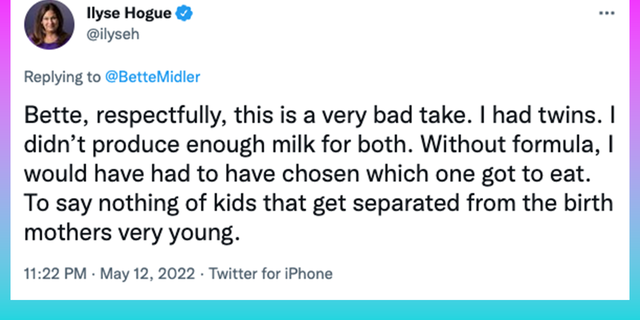 Bývalá hlava NARAL Ilyse Hogue kritizovala herečku Bette Midler za jej tweet s dojčenskou výživou.