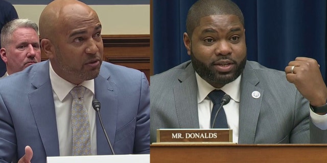 Rep. Byron Donalds, R-Fla., right, questioned a witness Thursday, May 19, 2022, at a House hearing on curriculum in schools, James Whitfield, a former principal in Texas.