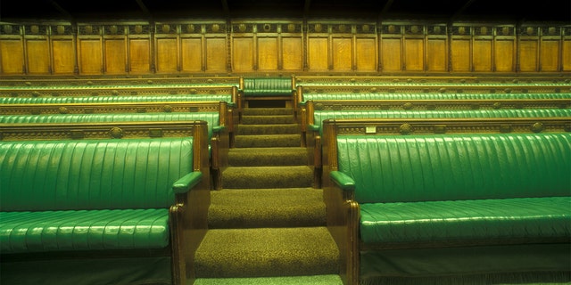 Interior of the chamber of the House of Commons, in the Houses of Parliament / Palace of Westminster. 
