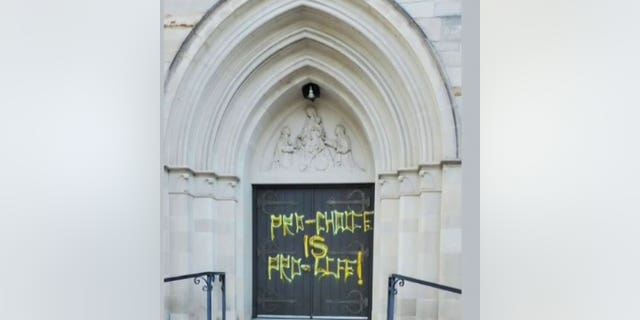 Holy Rosary Catholic Church in Houston vandalized with pro-choice message.