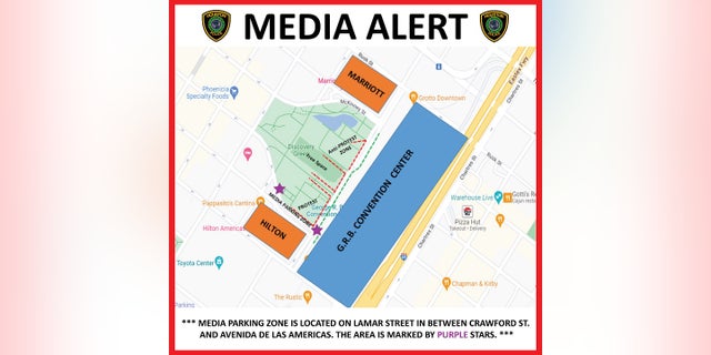A map shows the George R. Brown center in downtown Houston where the National Rifle Association will host its annual convention through the Memorial Day weekend. The city has increased security following the killing of 19 children and two teachers in Uvalde, Texas this week.