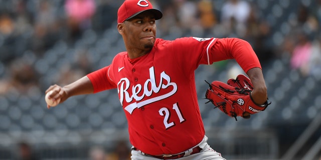 Hunter Greene #21 of the Cincinnati Reds delivers a pitch in the first inning during the game against the Pittsburgh Pirates at PNC Park on May 15, 2022 in Pittsburgh, Pennsylvania.