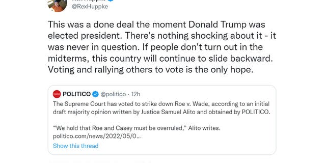 Columnist Rex Huppke blamed former President Donald Trump in a May 2, 2022 tweet for the Supreme Court's alleged decision to overturn Roe v. Wade. (Screenshot/Twitter)