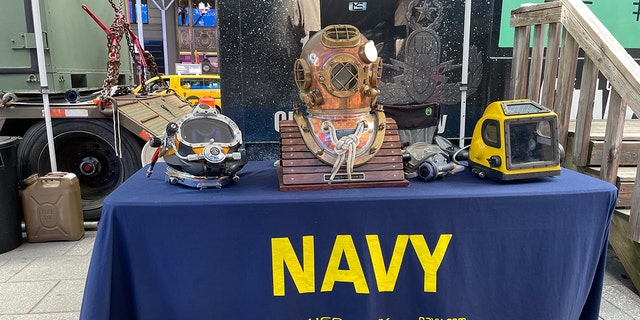 A mini-display of various rigs used in Navy diving is shown in Times Square, NYC, on May 28, 2022. (Angelica Stabile/Fox News Digital)