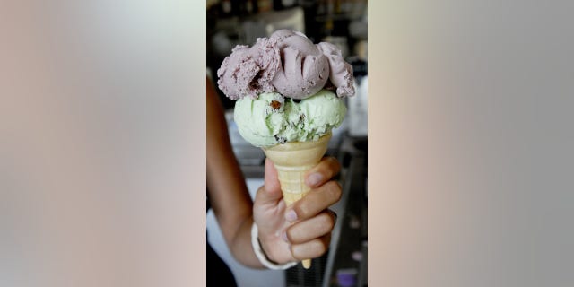 A pistachio and black raspberry ice cream cone is served at Garside's Ice Cream in Saco, Maine, on Wednesday, July 7, 2010. (Photo by Shawn Patrick Ouellette/Portland Press Herald via Getty Images)