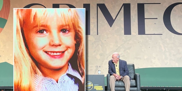 JonBenet Ramsey, inset, and her father on the stage at CrimeCon 2022 in Las Vegas Saturday.