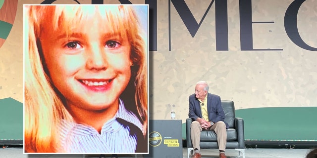 JonBenet Ramsey, inset, and her father on the stage at CrimeCon 2022 in Las Vegas.