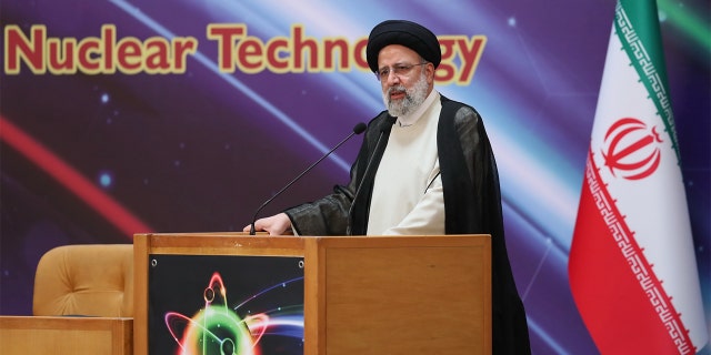 Iranian President Ebrahim Reisi makes a speech during his visit to an exhibition organized by the Atomic Energy Agency of Iran on the occasion of the National Nuclear Technology Day at the International Conference Center in Tehran, Iran on April 9, 2022.