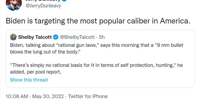Jerry Dunleavy tweeted "Biden is targeting the most popular caliber in America."