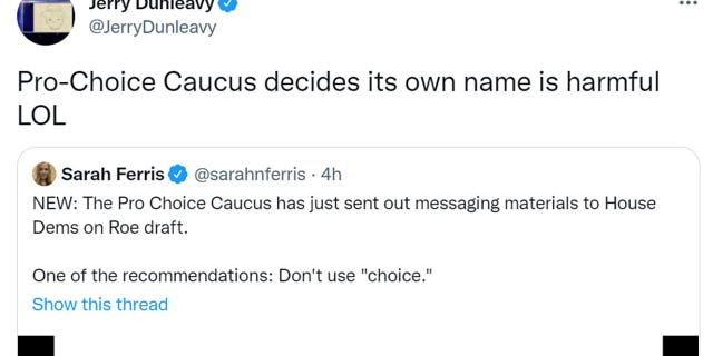 Jerry Dunleavy tweeted "Pro-Choice Caucus decides its own name is harmful LOL."