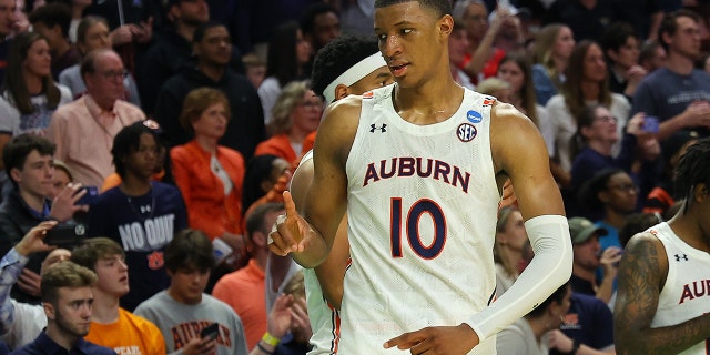 Jabari Smith reacts after the Auburn Tigers defeated the Jacksonville State Gamecocks, 80-61, during the NCAA Men's Basketball Tournament on March 18, 2022 in Greenville, South Carolina.