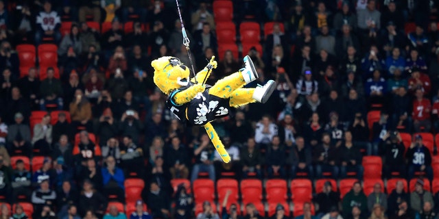 Jacksonville Jaguars mascot Jackson drops into Wembley Stadium prior to the NFL International Series match in London.