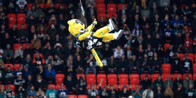 Jacksonville Jaguars mascot Jackson drops into Wembley Stadium prior to the NFL International Series match in London.