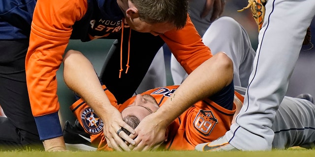 Jake Odorizzi of the Houston Astros tends to during the Red Sox's fifth inning, which started on Monday May 16, 2022, in Boston.