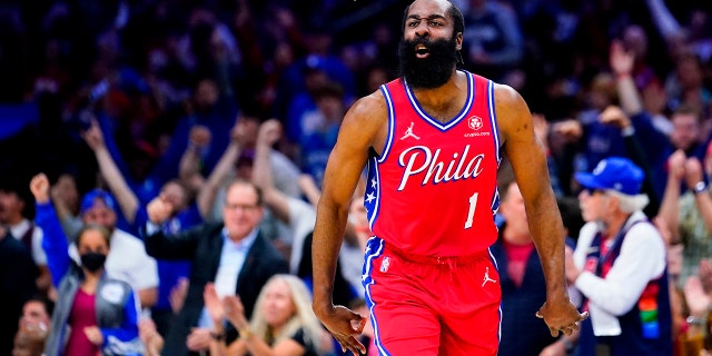 Philadelphia 76ers' James Harden reacts during the first half of Game 4 of an NBA basketball second-round playoff series against the Miami Heat, Sunday, May 8, 2022, in Philadelphia.