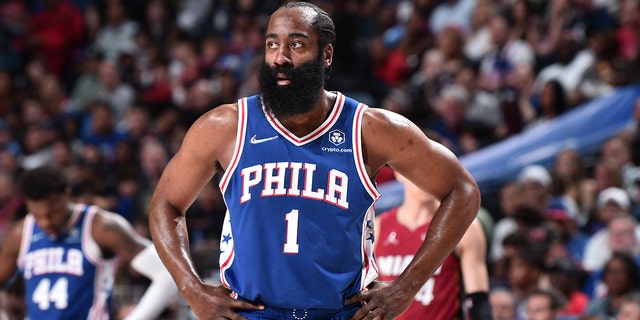 James Harden #1 of the Philadelphia 76ers looks on during Game 6 of the 2022 NBA Playoffs Eastern Conference Semifinals on May 12, 2022 at the Wells Fargo Center in Philadelphia, Pennsylvania.