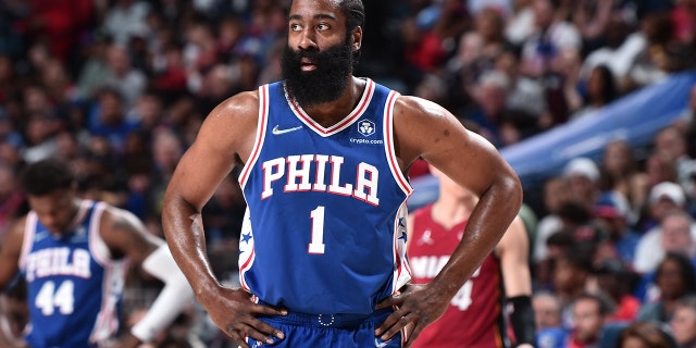 James Harden #1 of the Philadelphia 76ers looks on during Game 6 of the 2022 NBA Playoffs Eastern Conference Semifinals on May 12, 2022 at the Wells Fargo Center in Philadelphia, Pennsylvania.