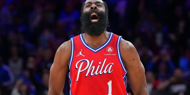 James Harden #1 of the Philadelphia 76ers reacts against the Miami Heat during Game Four of the 2022 NBA Playoffs Eastern Conference Semifinals at the Wells Fargo Center on May 8, 2022 in Philadelphia, Pennsylvania. The 76ers defeated the Heat 116-108.