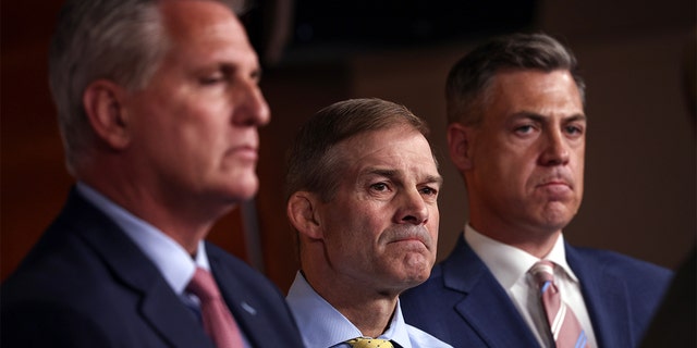House Minority Leader Kevin McCarthy (R-CA), Rep. Jim Banks (R-IN) and Rep. Jim Jordan (R-OH) attend a news conference on July 21, 2021, in Washington, D.C.