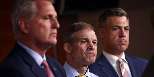 House Minority Leader Kevin McCarthy, Rep. Jim Jordan and Rep. Jim Banks attend a news conference on July 21, 2021, in Washington, D.C.