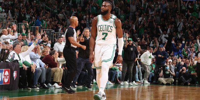 BOSTON, MA - MAY 11: Jaylen Brown #7 of the Boston Celtics celebrates during Game 5 of the 2022 NBA Playoffs Eastern Conference Semifinals on May 11, 2022 at the TD Garden in Boston, Massachusetts.