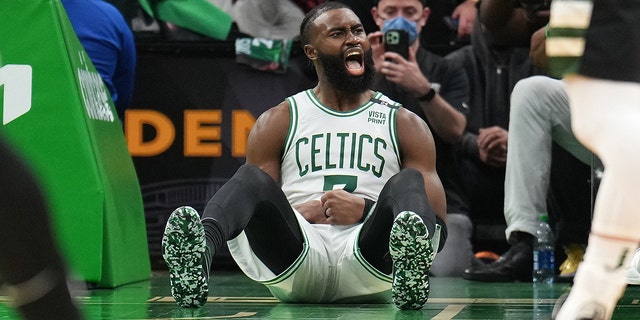 Jaylen Brown of the Celtics reacts during Game 7 of the NBA Playoffs Eastern Conference Semifinals on May 15, 2022, at TD Garden in Boston.