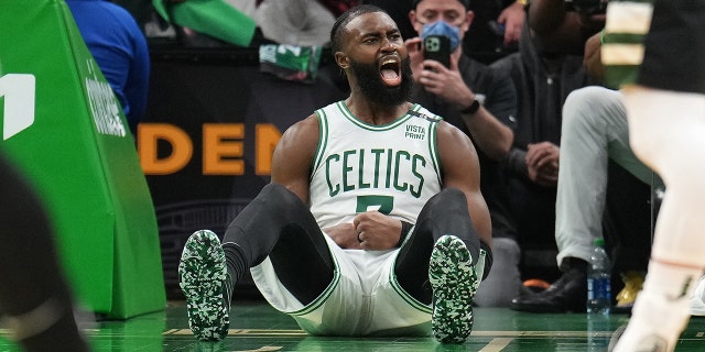 Jaylen Brown of the Celtics reacts during Game 7 of the NBA Playoffs Eastern Conference Semifinals on May 15, 2022, at TD Garden in Boston.