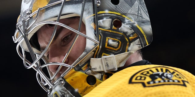Jeremy Swayman of the Boston Bruins during the second game 3 period of the first round of the 2022 Stanley Cup playoffs against the Carolina Hurricanes at the TD Garden on May 6, 2022 in Boston.