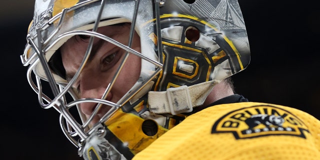 Jeremy Swayman of the Boston Bruins during the second game 3 period of the first round of the 2022 Stanley Cup playoffs against the Carolina Hurricanes at the TD Garden on May 6, 2022 in Boston.
