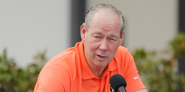 Houson Astros owner Jim Crane reads a prepared statement during a press conference at FITTEAM Ballpark of The Palm Beaches Feb. 13, 2020, in West Palm Beach, Fla.