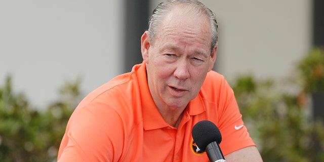 Houson Astros owner Jim Crane reads a prepared statement during a press conference at FITTEAM Ballpark of The Palm Beaches Feb. 13, 2020, in West Palm Beach, Fla.