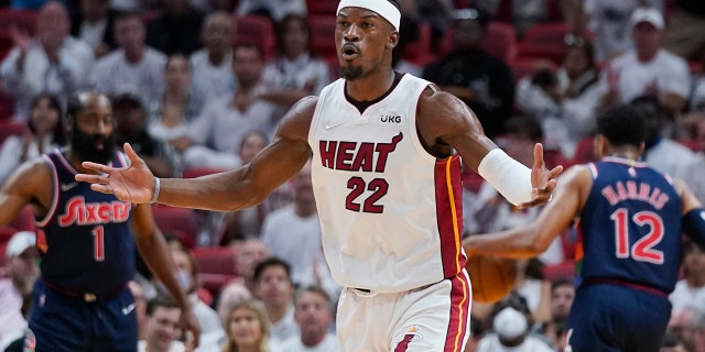 Heat forward Jimmy Butler celebrates after scoring against the Philadelphia 76ers, Tuesday, May 10, 2022, in Miami.