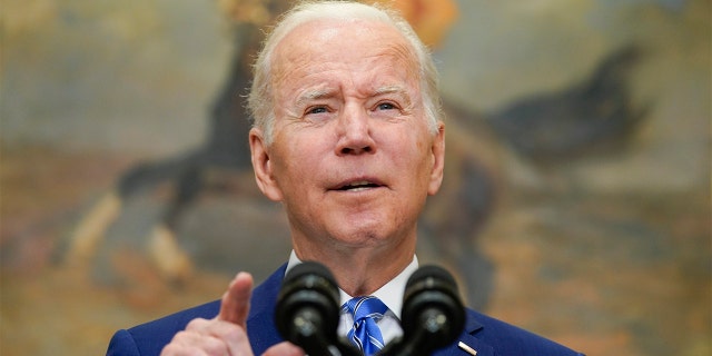 President Biden speaks in the Roosevelt Room of the White House, Wednesday, May 4, 2022, in Washington.