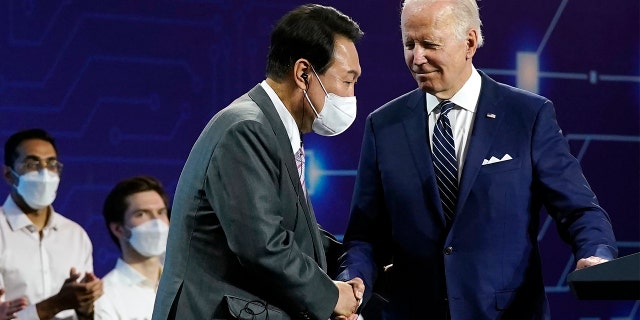 President Biden and South Korean President Yoon Suk Yeol deliver remarks as they vist the Samsung Electronics Pyeongtaek campus, Friday, May 20, 2022, in Pyeongtaek, South Korea. (AP Photo/Evan Vucci)