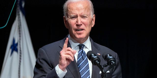 President Biden speaks at the memorial service for former Vice President Walter Mondale, Sunday, May 1, 2022, at the University of Minnesota in Minneapolis. (AP Photo/Jacquelyn Martin)