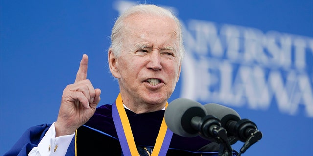 President Biden delivers his keynote address to the University of Delaware Class of 2022 during its commencement ceremony in Newark, Del., Saturday, May 28, 2022. (AP Photo/Manuel Balce Ceneta)