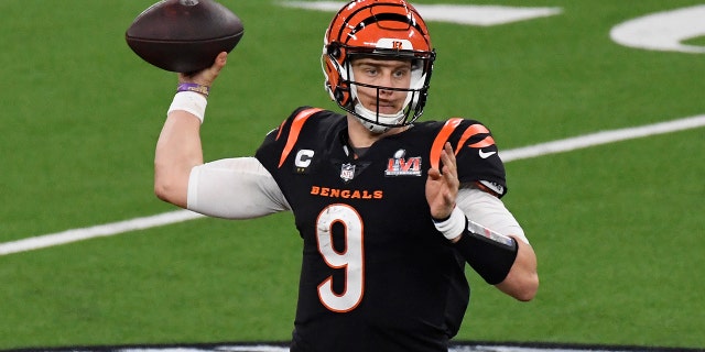 Joe Burrow of the Cincinnati Bengals looks to pass against the Los Angeles Rams during Super Bowl LVI at SoFi Stadium Feb. 13, 2022, in Inglewood, Calif.