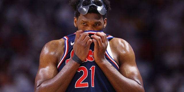 Joel Embiid of the Philadelphia 76ers reacts against the Heat during the semifinals at FTX Arena on May 10, 2022, in Miami, Florida.
