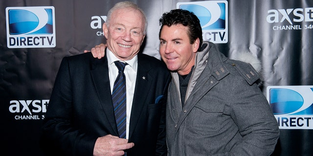 Dallas Cowboys owner Jerry Jones and John Schnatter attend DirecTV Super Saturday Night at Pier 40 on February 1, 2014 in New York City.