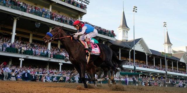 horse racing in front of a crowd