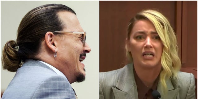 A photo combination of Johnny Depp and Amber Heard in Fairfax County Circuit Court, in Virginia, May 26, 2022.