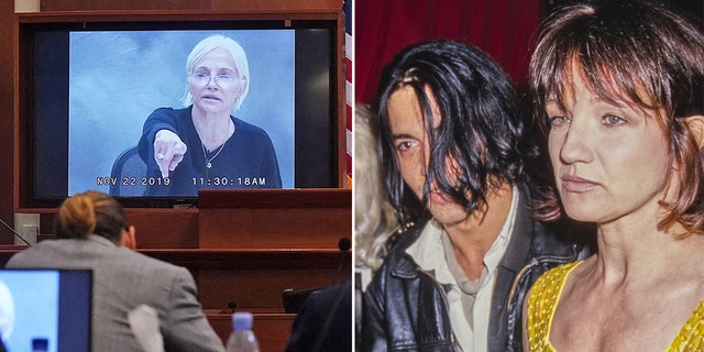 A photo combination of Ellen Barkin testifying in a pre-recorded deposition in Virginia May 19 and a picture of her with Johnny Depp in 1997.