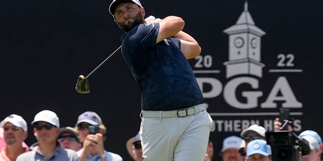 Jon Rahm of Spain watches his tee shot on the third hole during the first round of the PGA Championship at Southern Hills Country Club May 19, 2022, in Tulsa, Okla.